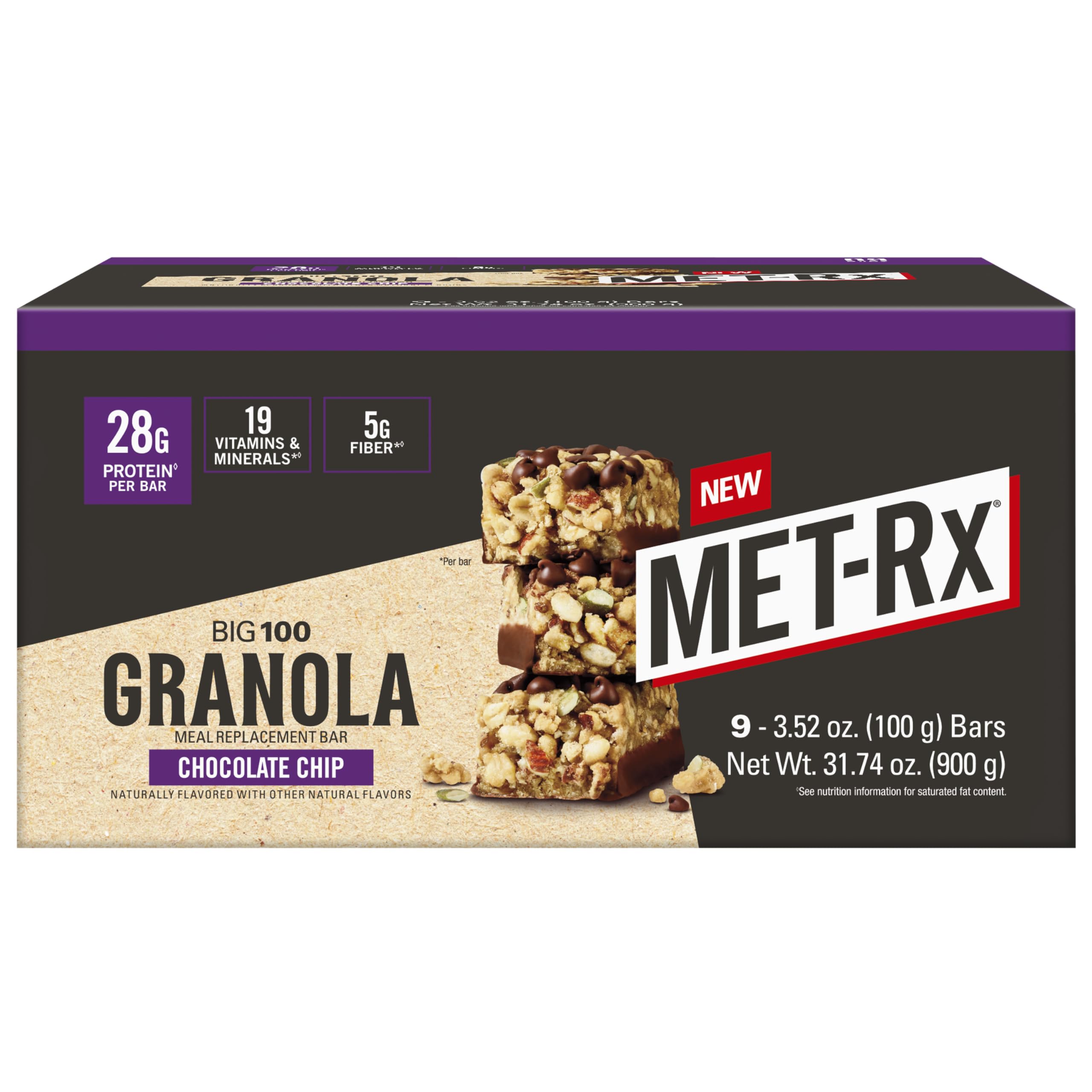MET-Rx Big 100 Granola Bar chocolate chip wrapper showcases portable protein for active days.