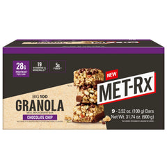 MET-Rx Big 100 Granola Bar chocolate chip wrapper showcases portable protein for active days.