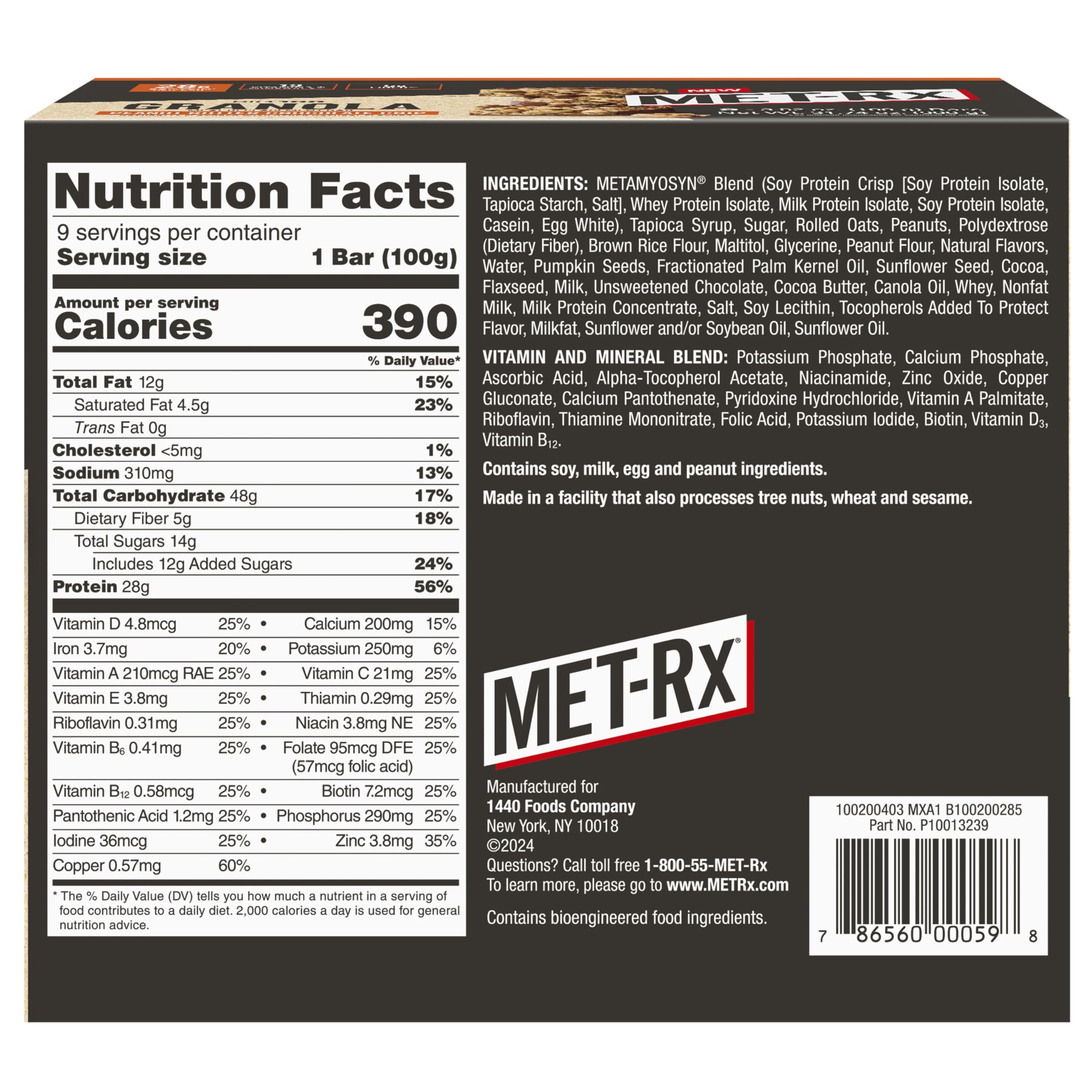 MET-Rx Big 100 bar bite showing chewy granola and chips.