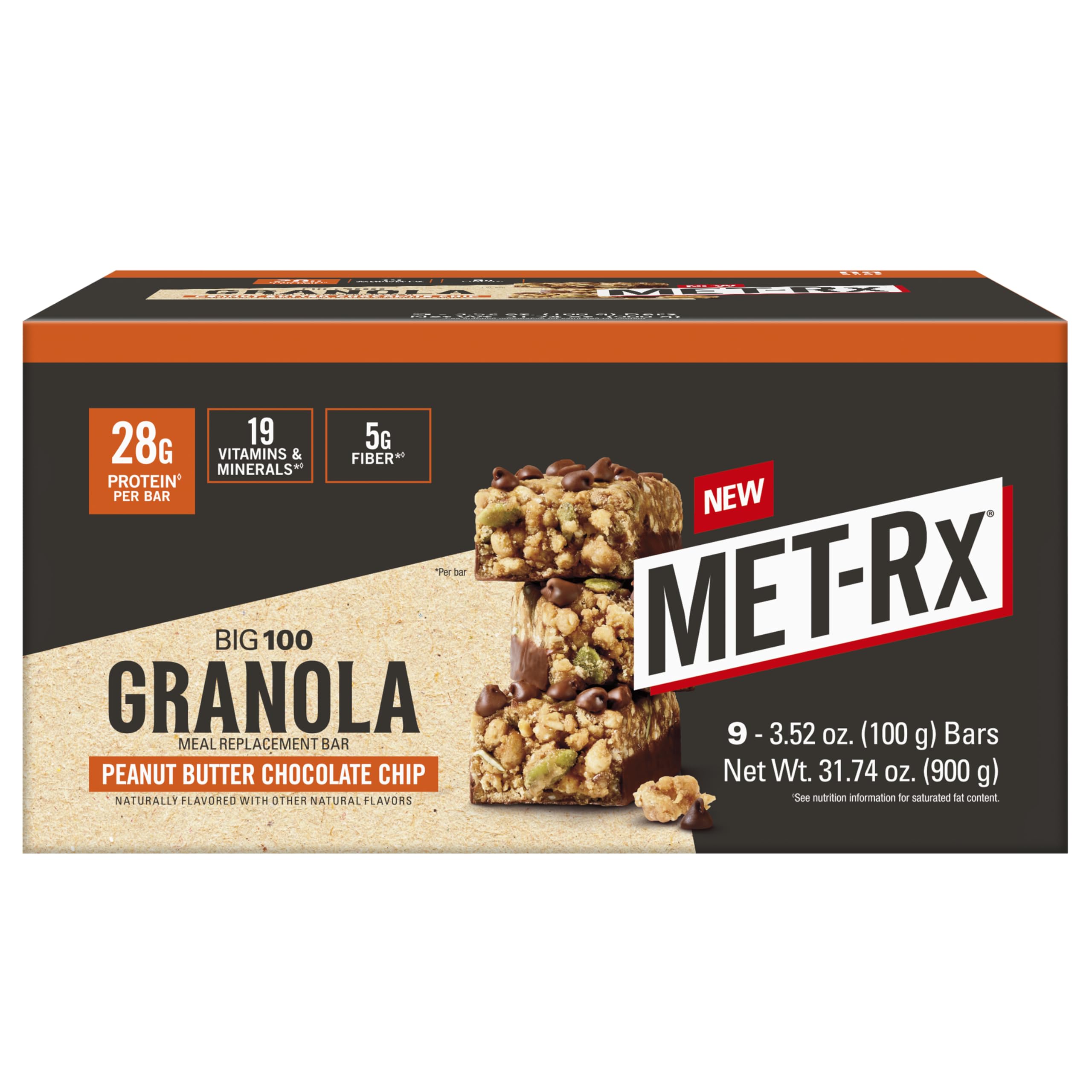 MET-Rx Big 100 granola bar front view in a 9-pack display.
