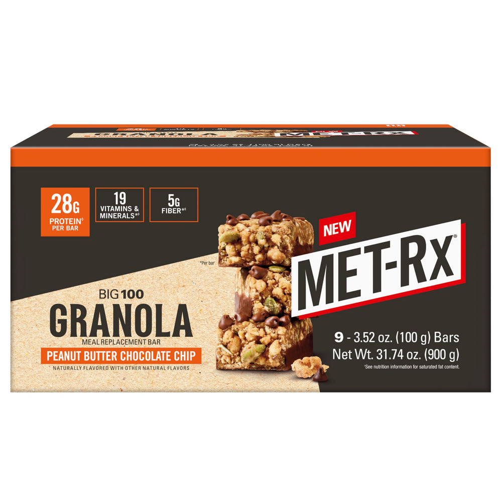 MET-Rx Big 100 granola bar front view in a 9-pack display.