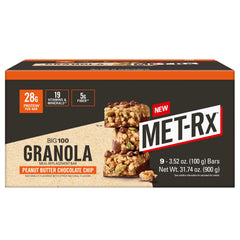 MET-Rx Big 100 granola bar front view in a 9-pack display.