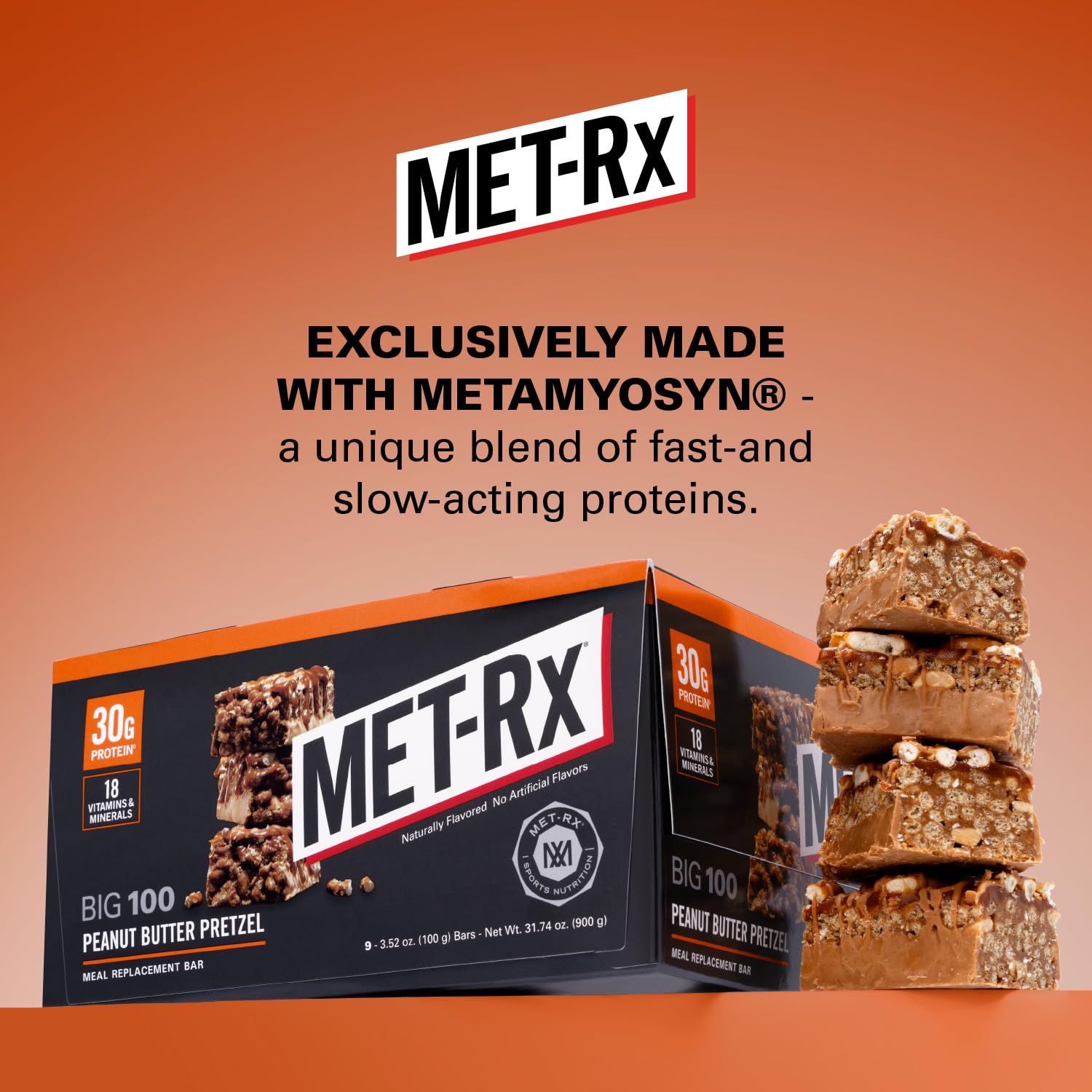 MET-Rx Big 100 Peanut Butter Pretzel bar close-up highlighting 30g protein