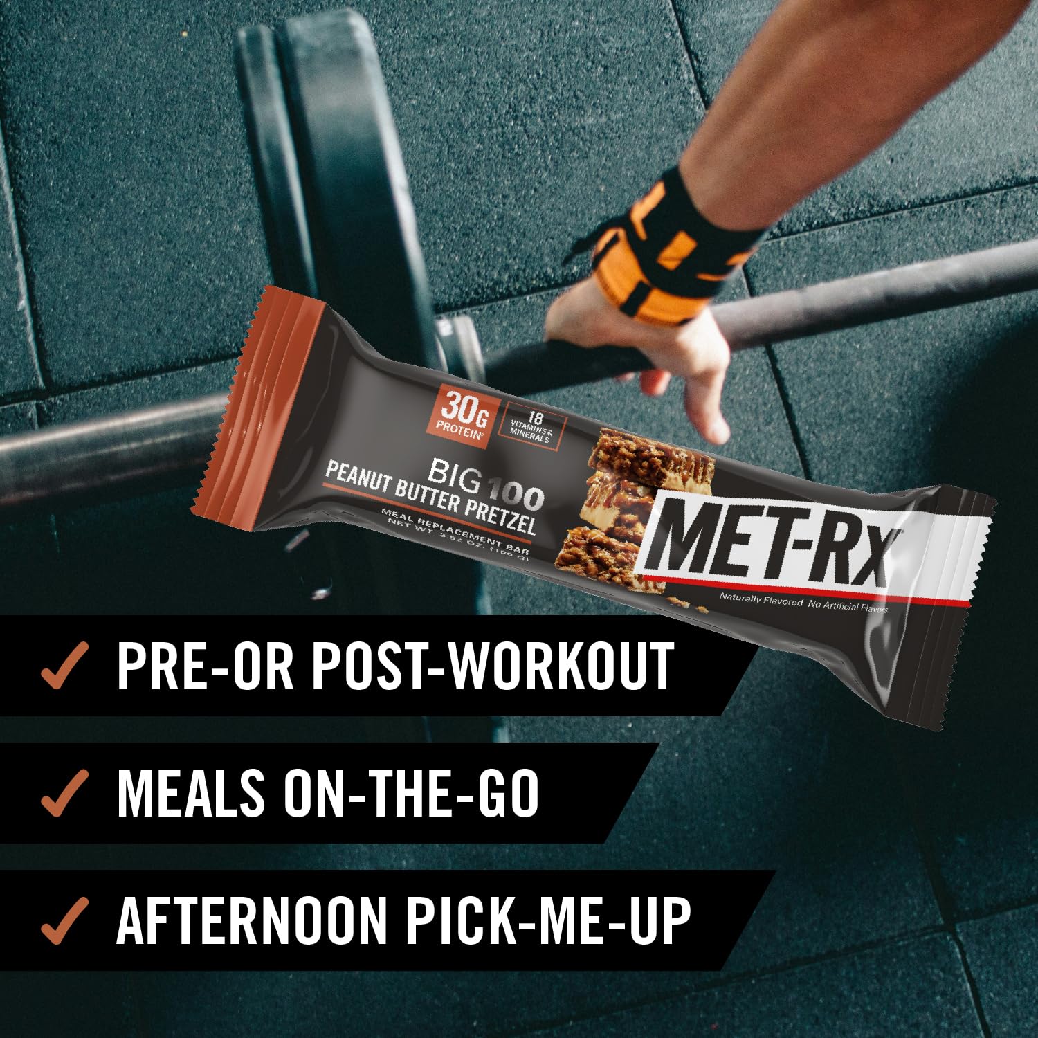 MET-Rx Big 100 Peanut Butter Pretzel bar in gym bag for workouts