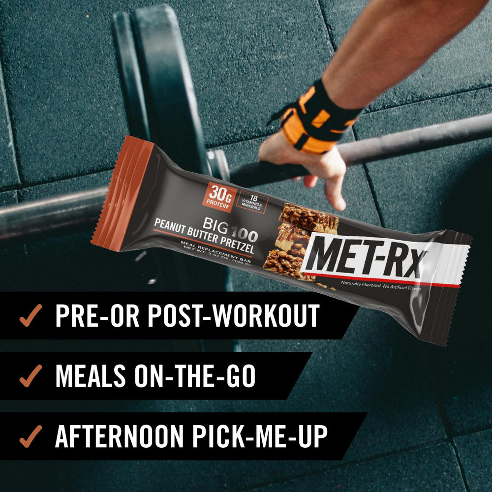 MET-Rx Big 100 Peanut Butter Pretzel bar in gym bag for workouts