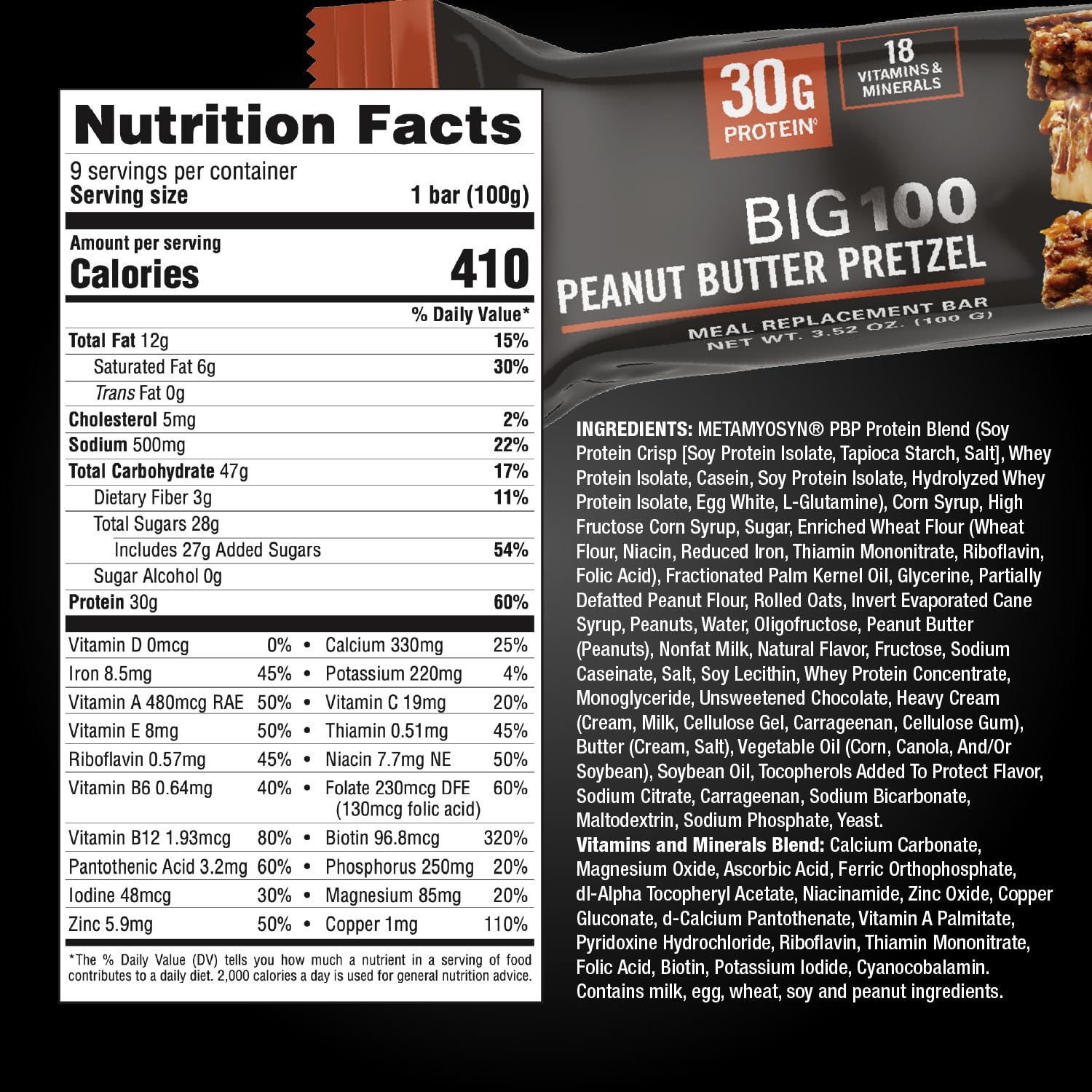 MET-Rx Big 100 Peanut Butter Pretzel bar as a quick energy snack at a desk