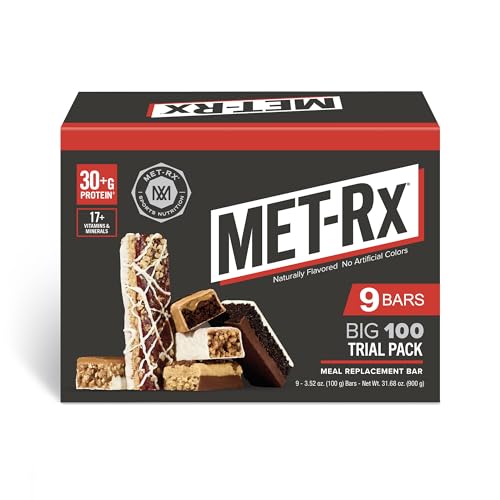 MET-Rx Big 100 bar close-up highlighting 32 g protein and clean ingredients.