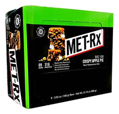 Met-Rx Big100 Apple Pie bar in outer packaging for on-the-go nutrition.