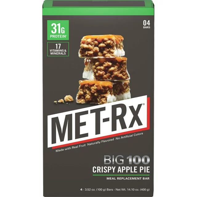 Met-Rx Big100 Apple Pie bar in resealable pack for gym bag nutrition.