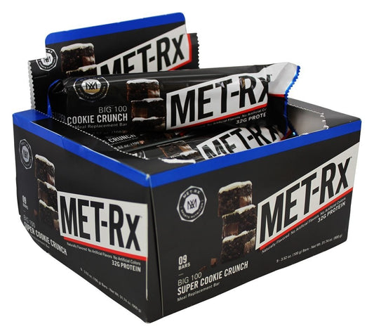 MET-Rx Colossal Cookie Crunch bar in a 9-pack for easy meal replacement.