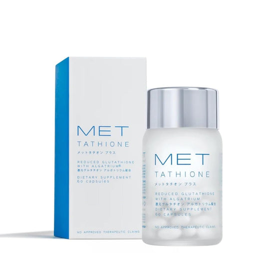 MET Tathione soft gel bottle with glutathione capsules for daily skin support.