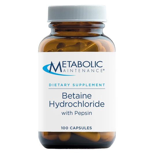 Metabolic Maintenance Betaine HCl + Pepsin bottle on kitchen counter supports protein digestion.