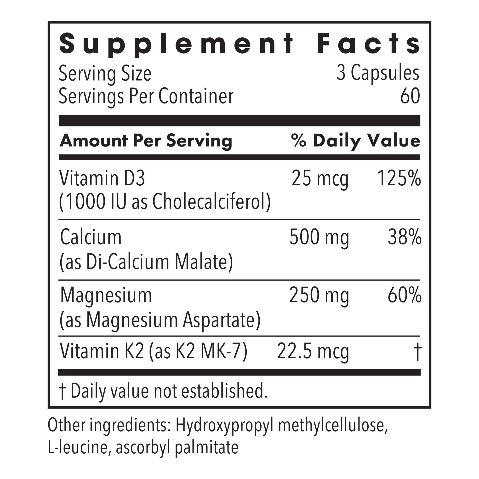Metabolic Maintenance Cal/Mag Plus bottle back displays ingredients and serving size