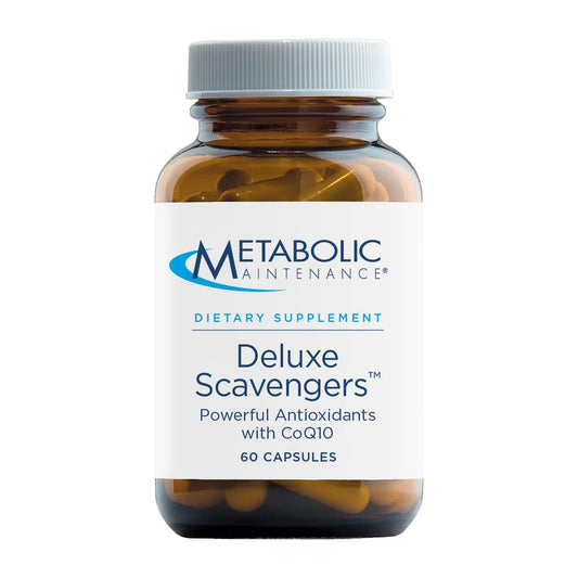 Metabolic Maintenance Deluxe Scavengers bottle on kitchen counter for daily antioxidant support.