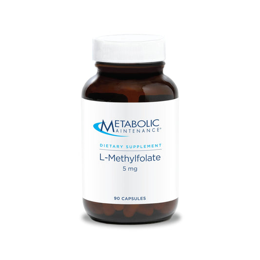 Metabolic Maintenance L-Methylfolate 5 mg bottle on table supports daily methylation.