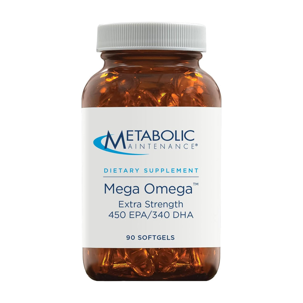 Metabolic Maintenance Mega Omega Extra Strength bottle closeup showing purity and potency