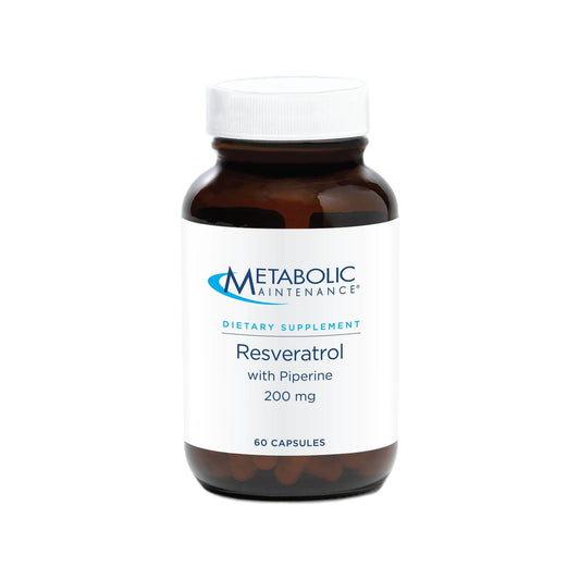 Metabolic Maintenance Resveratrol bottle showing the supplement’s antioxidant support for daily use.