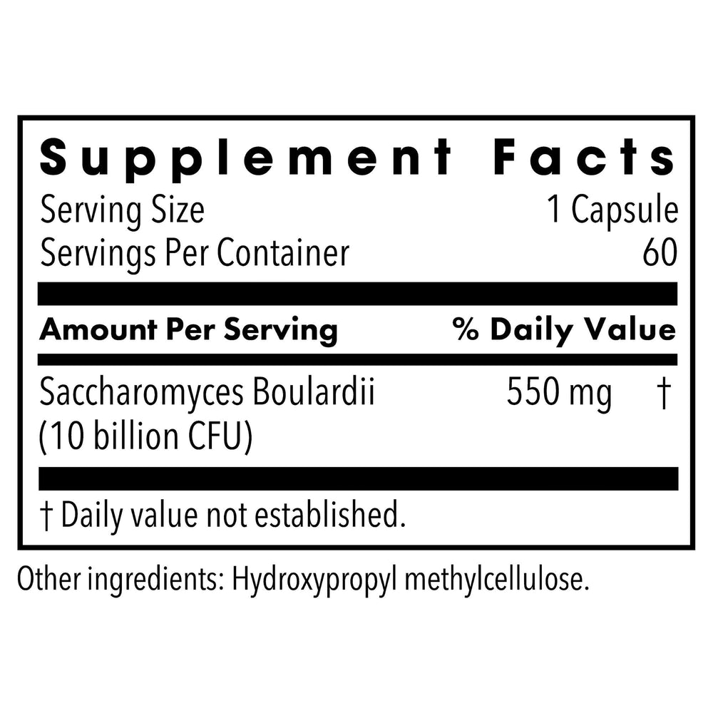 Close-up of Saccharomyces boulardii capsules with 10 billion CFU per serving.