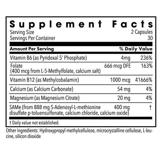 Metabolic Maintenance SAMe capsules close-up highlighting methylation support and neurotransmitter balance.