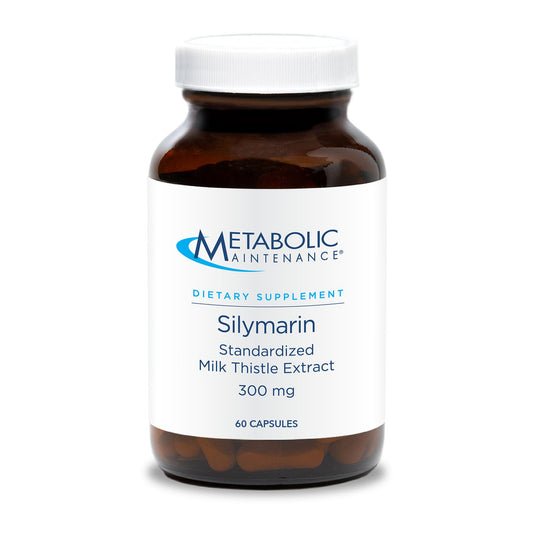 Metabolic Maintenance Silymarin front label bottle shows 60 vegetarian capsules for liver support.