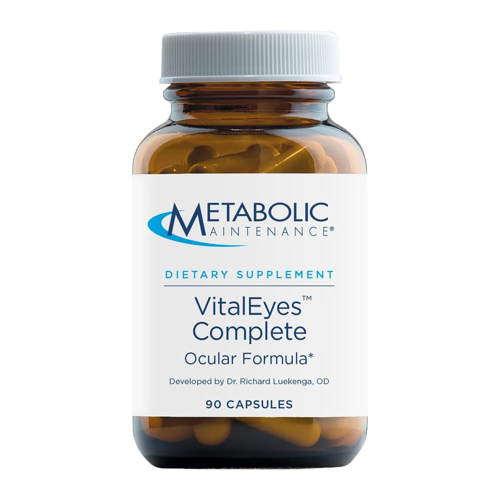 Metabolic Maintenance VitalEyes Complete bottle front shows the eye health support formula for daily use.