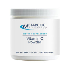 Metabolic Maintenance Vitamin C powder tub label emphasizes purity and quality for daily use