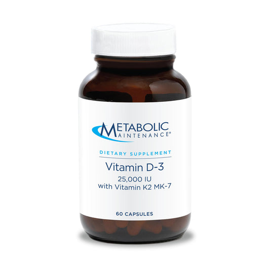 Metabolic Maintenance Vitamin D3 bottle close-up showing 25,000 IU potency for daily support