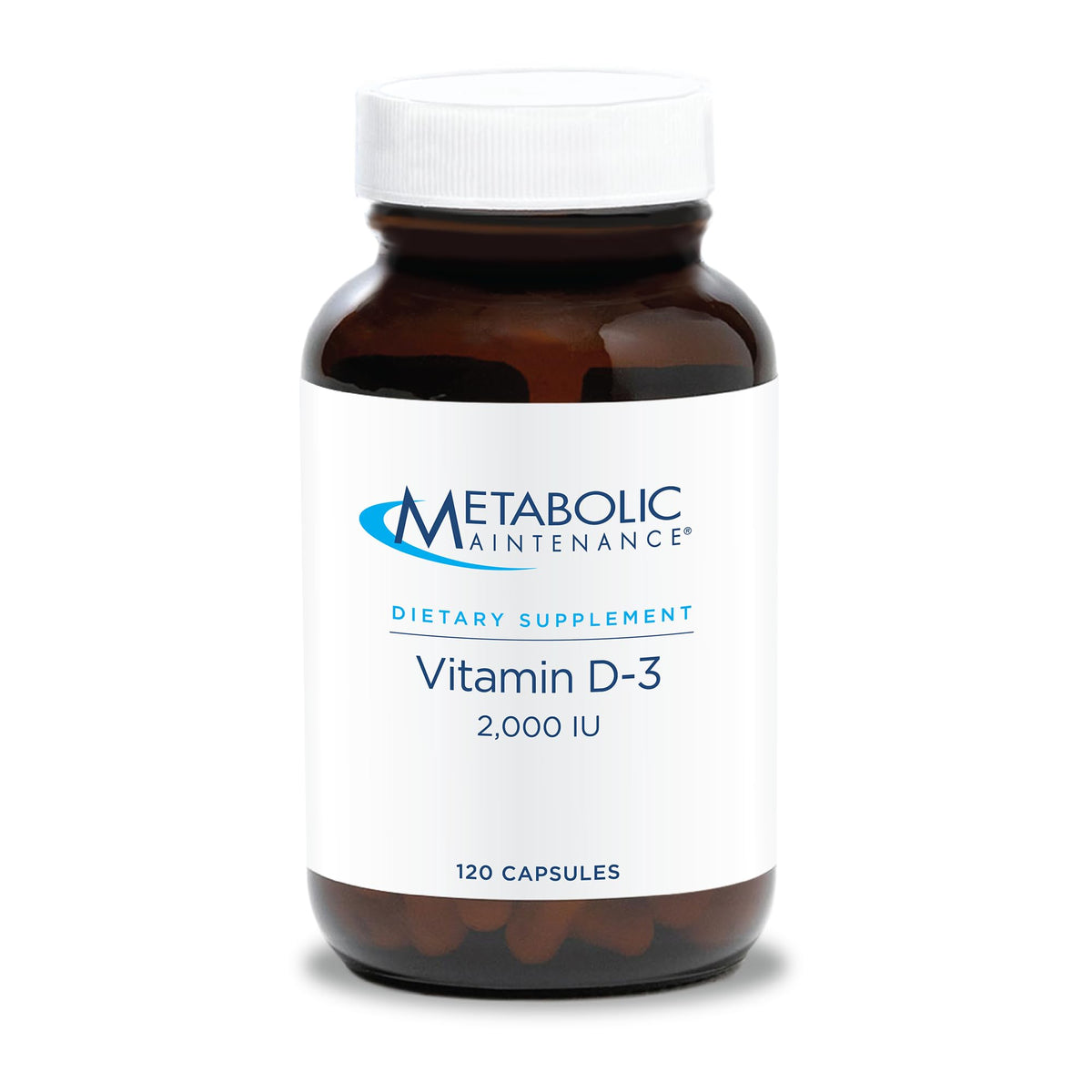 Metabolic Maintenance Vitamin D3 bottle label close-up highlighting 2000 IU for bone support.