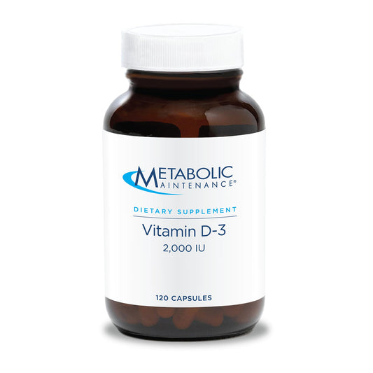 Metabolic Maintenance Vitamin D3 bottle label close-up highlighting 2000 IU for bone support.