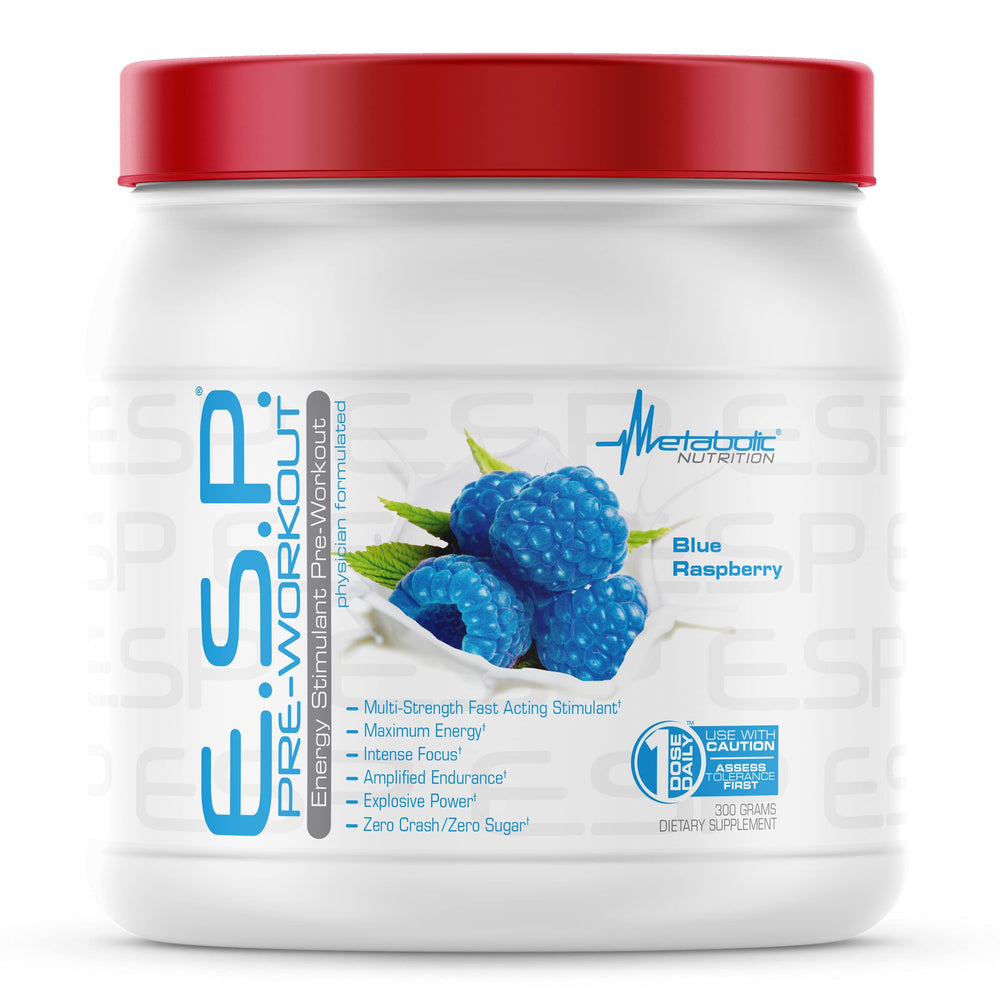Metabolic Nutrition ESP blue raspberry powder being poured into a shaker for focus