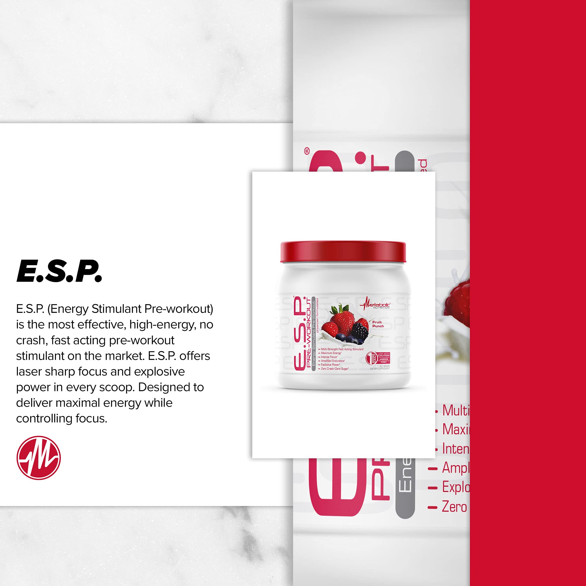 Metabolic Nutrition ESP bottle highlights zero crash and zero sugar formula