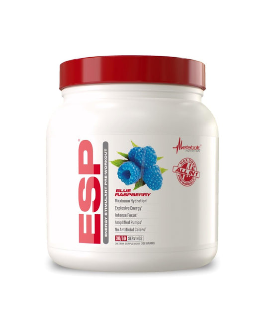 Metabolic Nutrition ESP tub front label highlighting energy-boosting pre-workout benefits