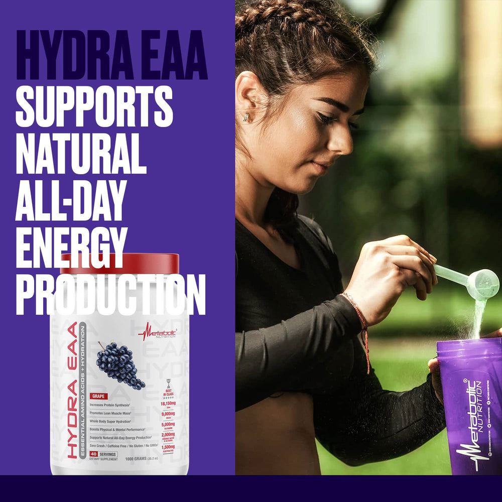 Metabolic Nutrition Hydra EAA bottle back label emphasizes hydration and energy support