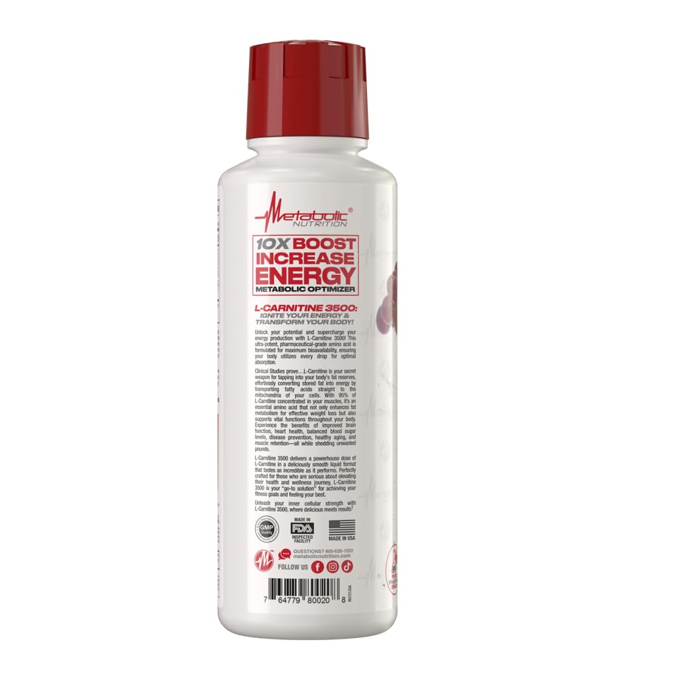 Metabolic Nutrition L-Carnitine 3500 flavor label highlights sweet grape candy flavor.