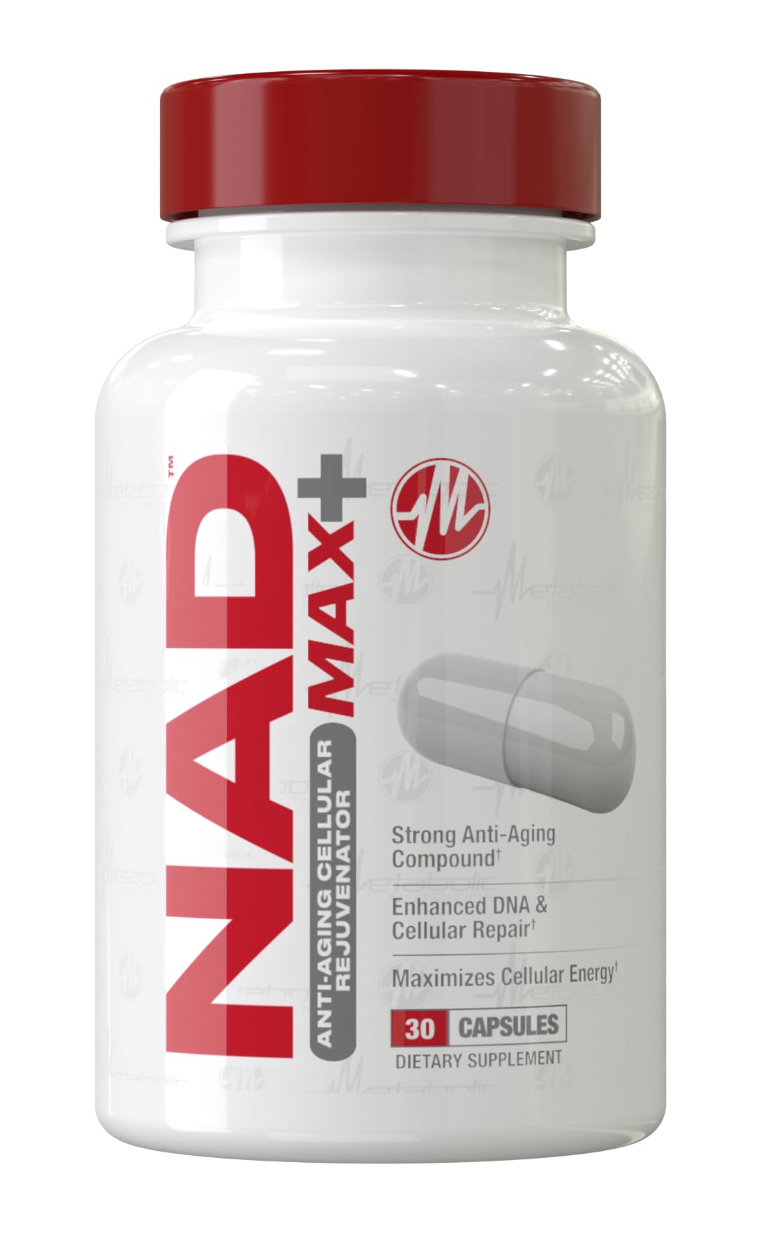 Metabolic Nutrition NAD MAX Plus+ bottle showing packaging for daily energy support.