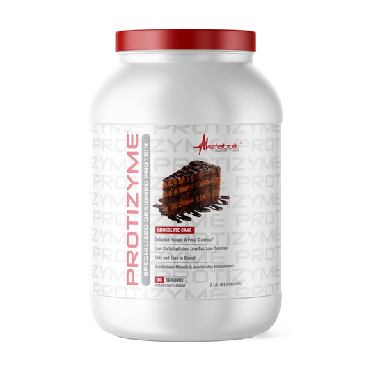 Metabolic Nutrition Protizyme chocolate cake bottle pour for a quick protein shake