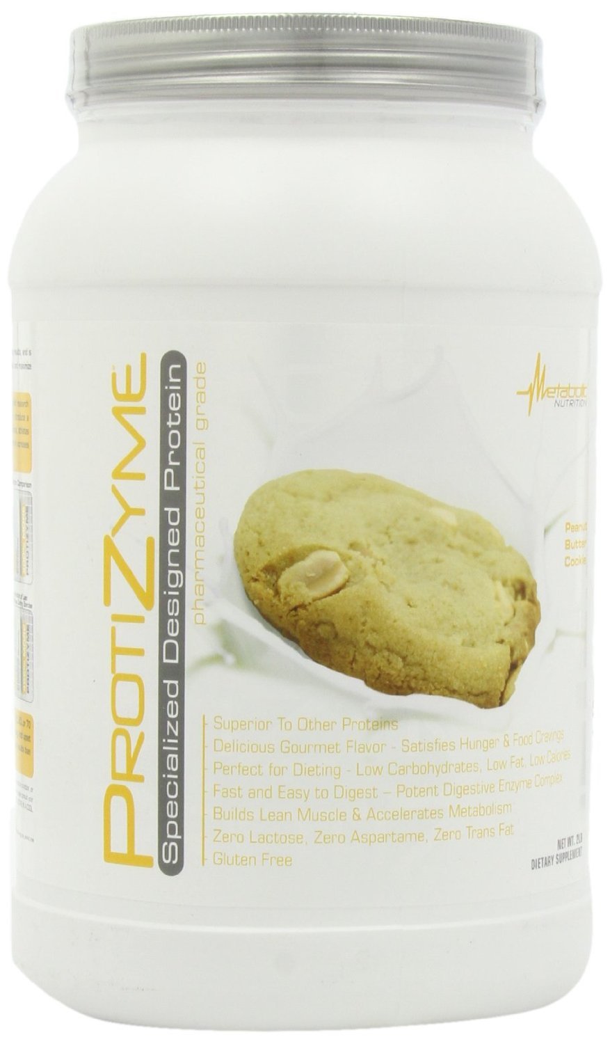 Metabolic Nutrition ProtiZyme protein powder bottle highlights low-carb formulation for dieting.