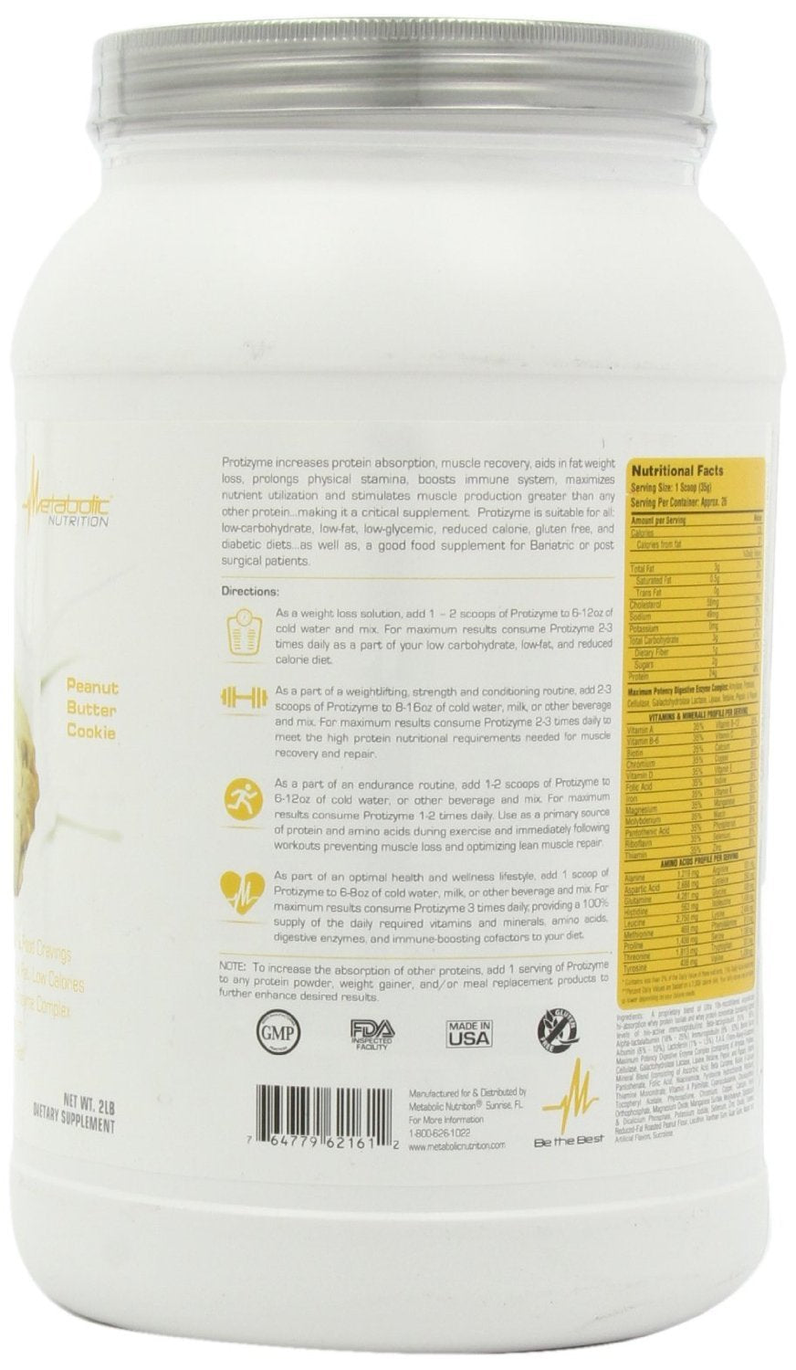 Metabolic Nutrition ProtiZyme label close-up emphasizes lactose-free and zero aspartame benefits.