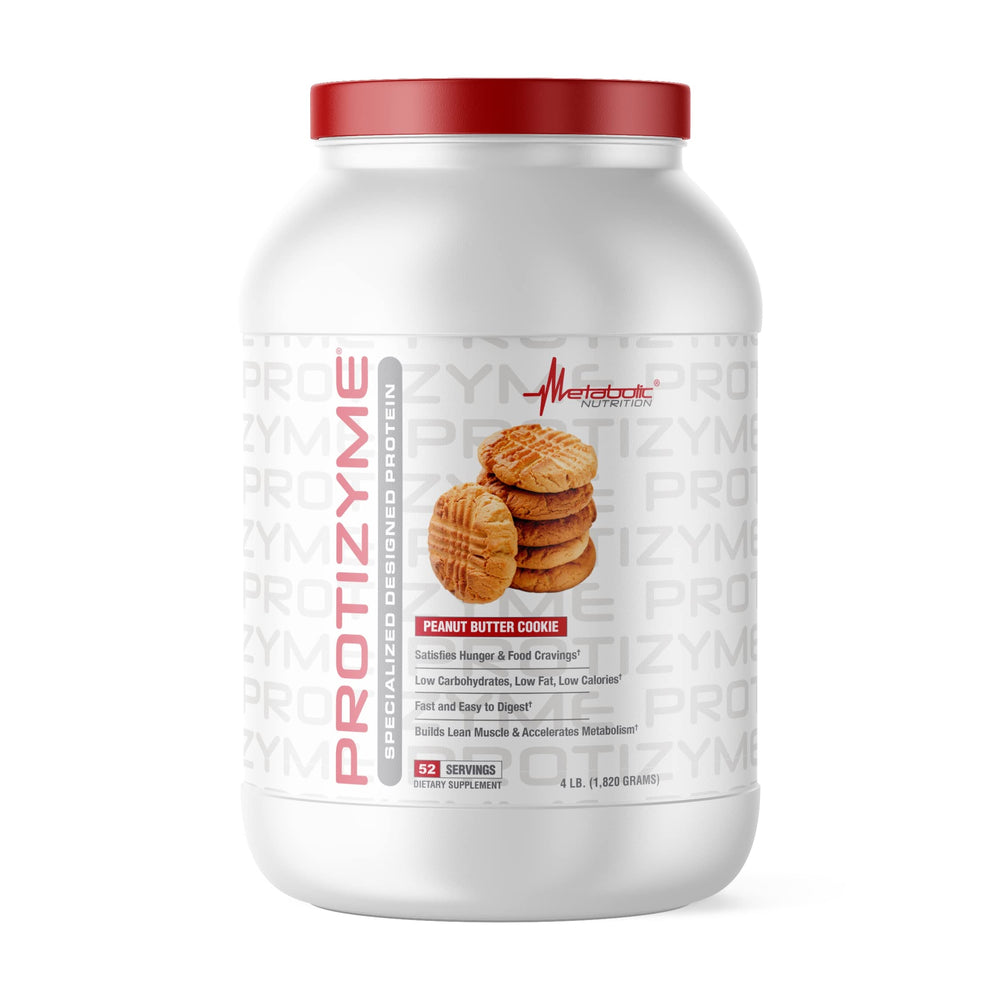 Metabolic Nutrition Protizyme tub displaying protein powder for muscle support.