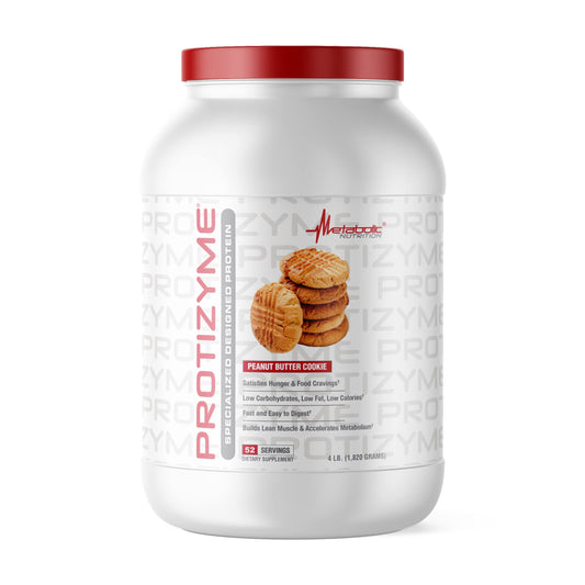 Metabolic Nutrition Protizyme tub displaying protein powder for muscle support.