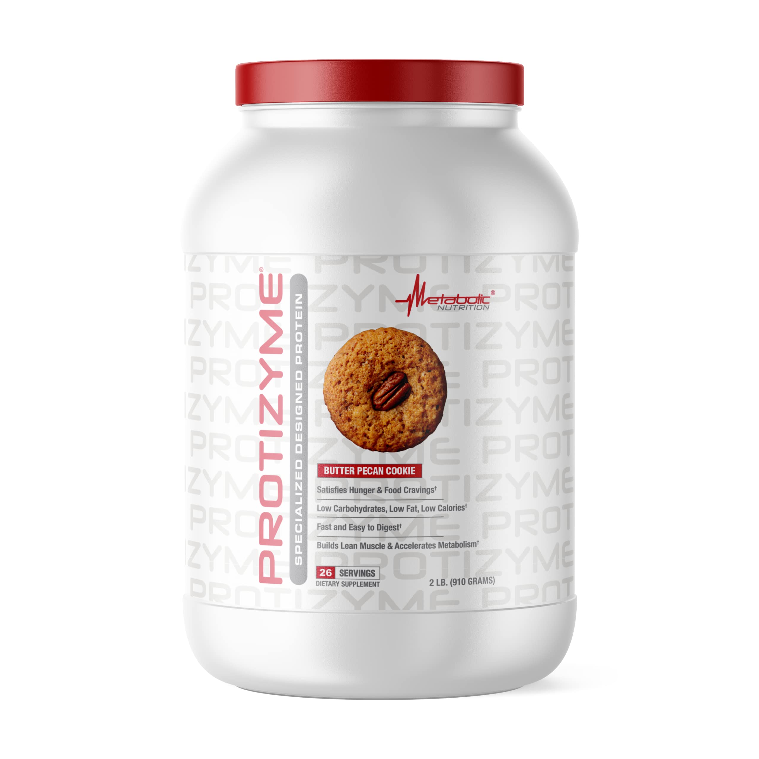 Metabolic Nutrition Protizyme whey protein tub shows high protein nutrition for athletes.