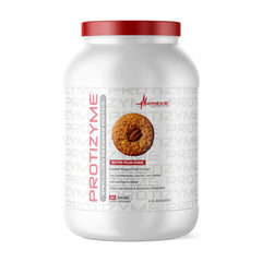 Metabolic Nutrition Protizyme whey protein tub shows high protein nutrition for athletes.