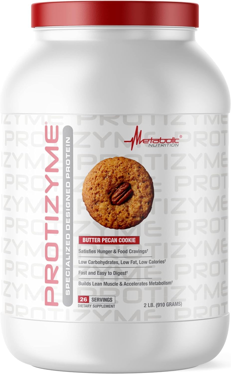 Metabolic Nutrition Protizyme Vanilla Cake flavor tub highlights fortification.