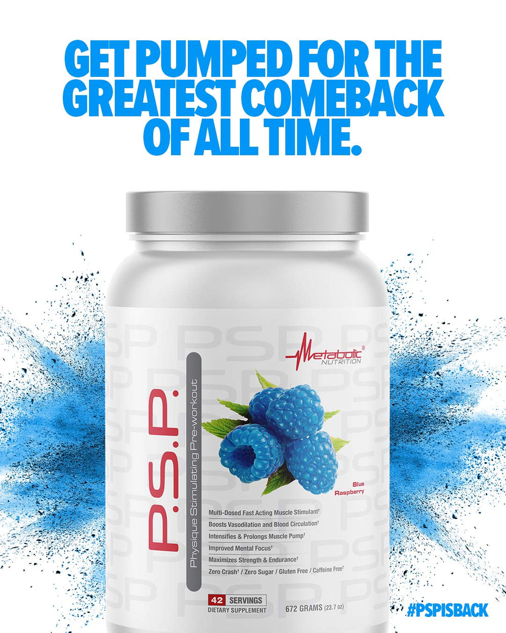 Metabolic Nutrition PSP mixed in shaker showcases blue raspberry flavor for refreshing sessions