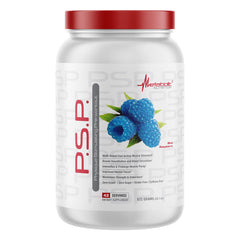 Metabolic Nutrition PSP blue raspberry tub label showing zero sugar formula for clean training energy