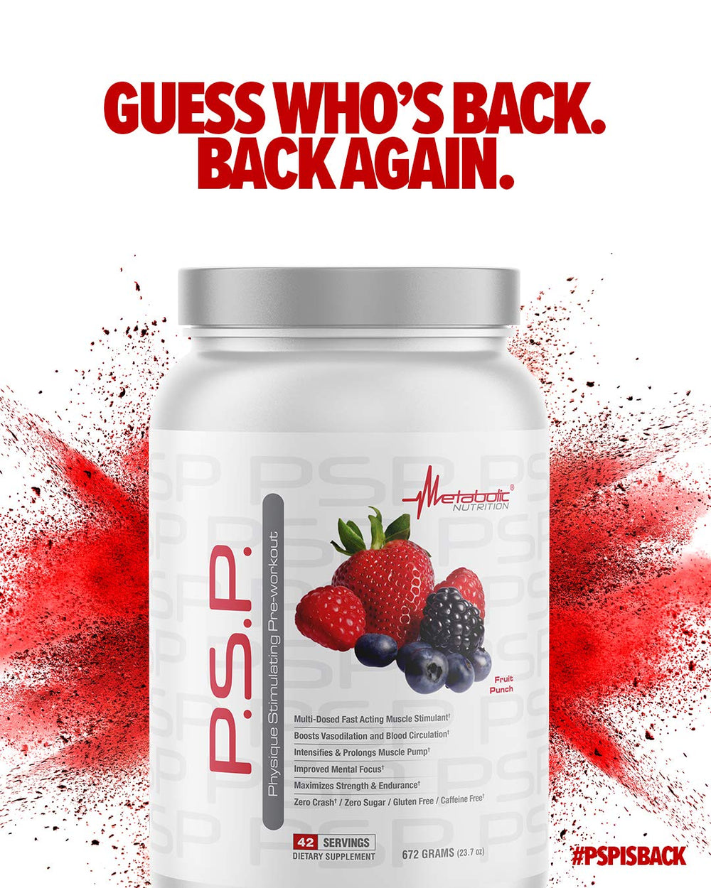 Metabolic Nutrition P.S.P bottle poured into shaker for caffeine-free stamina
