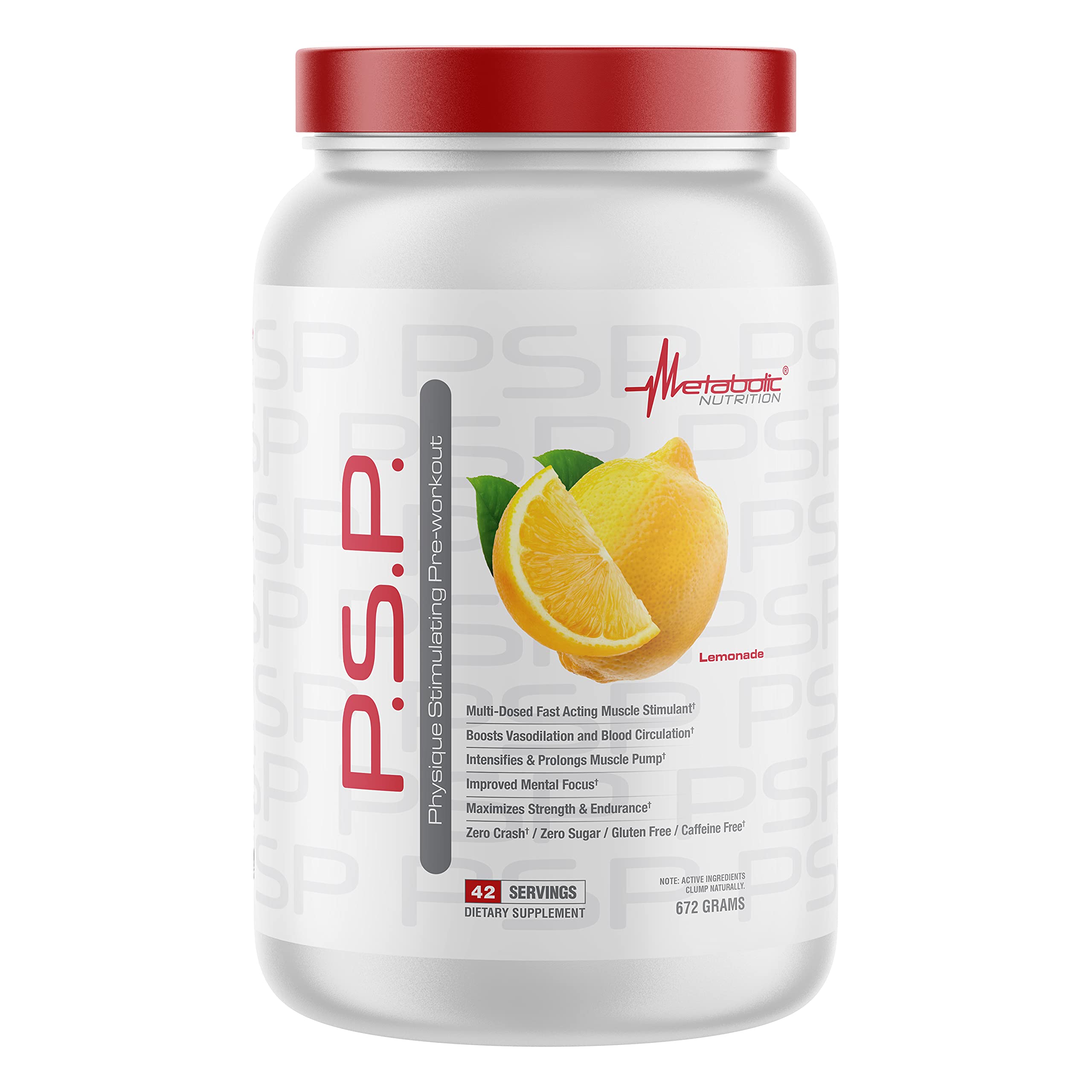 Metabolic Nutrition PSP Physique PreWorkout lemonade tub close-up highlighting zero sugar formula.