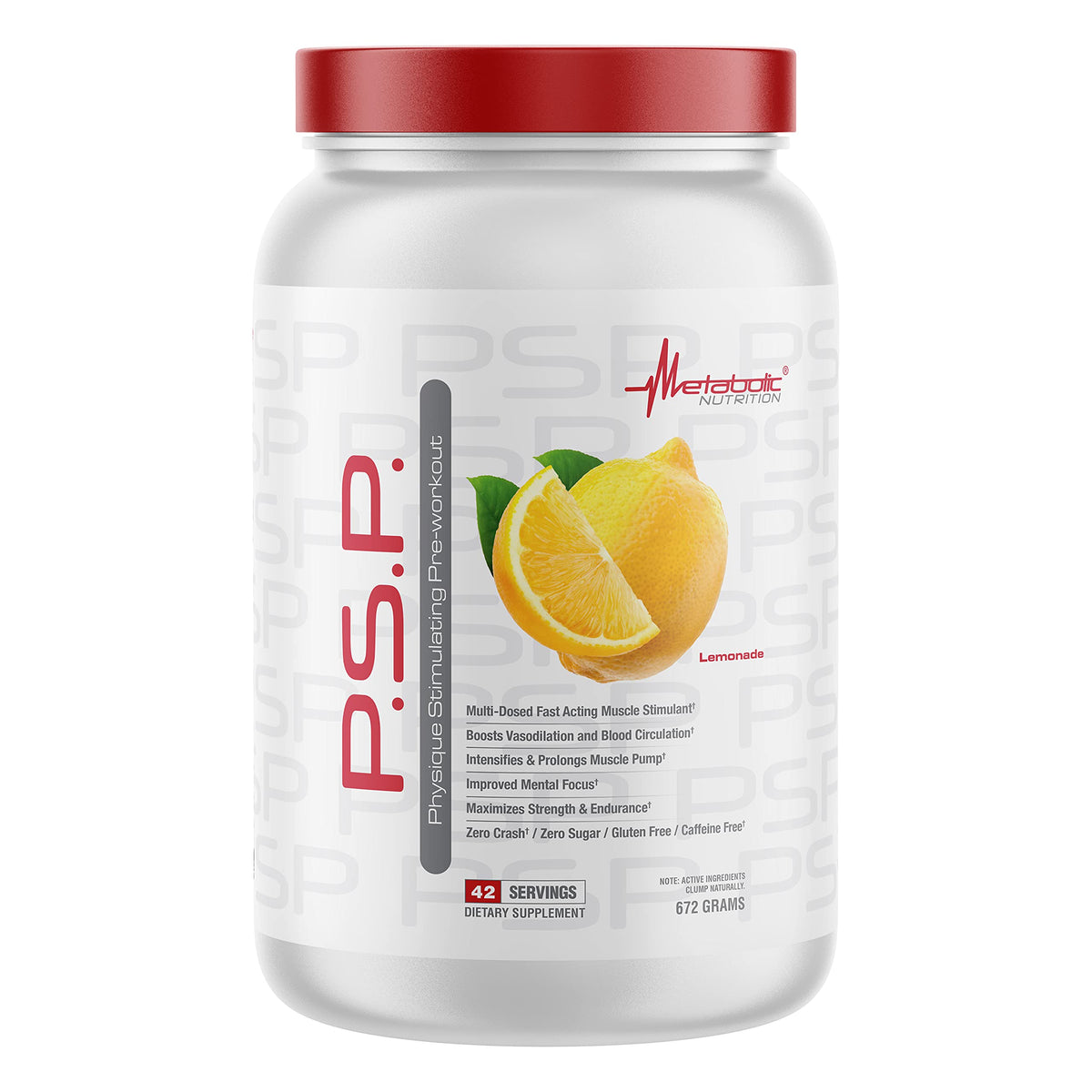 Metabolic Nutrition PSP Physique PreWorkout lemonade tub close-up highlighting zero sugar formula.