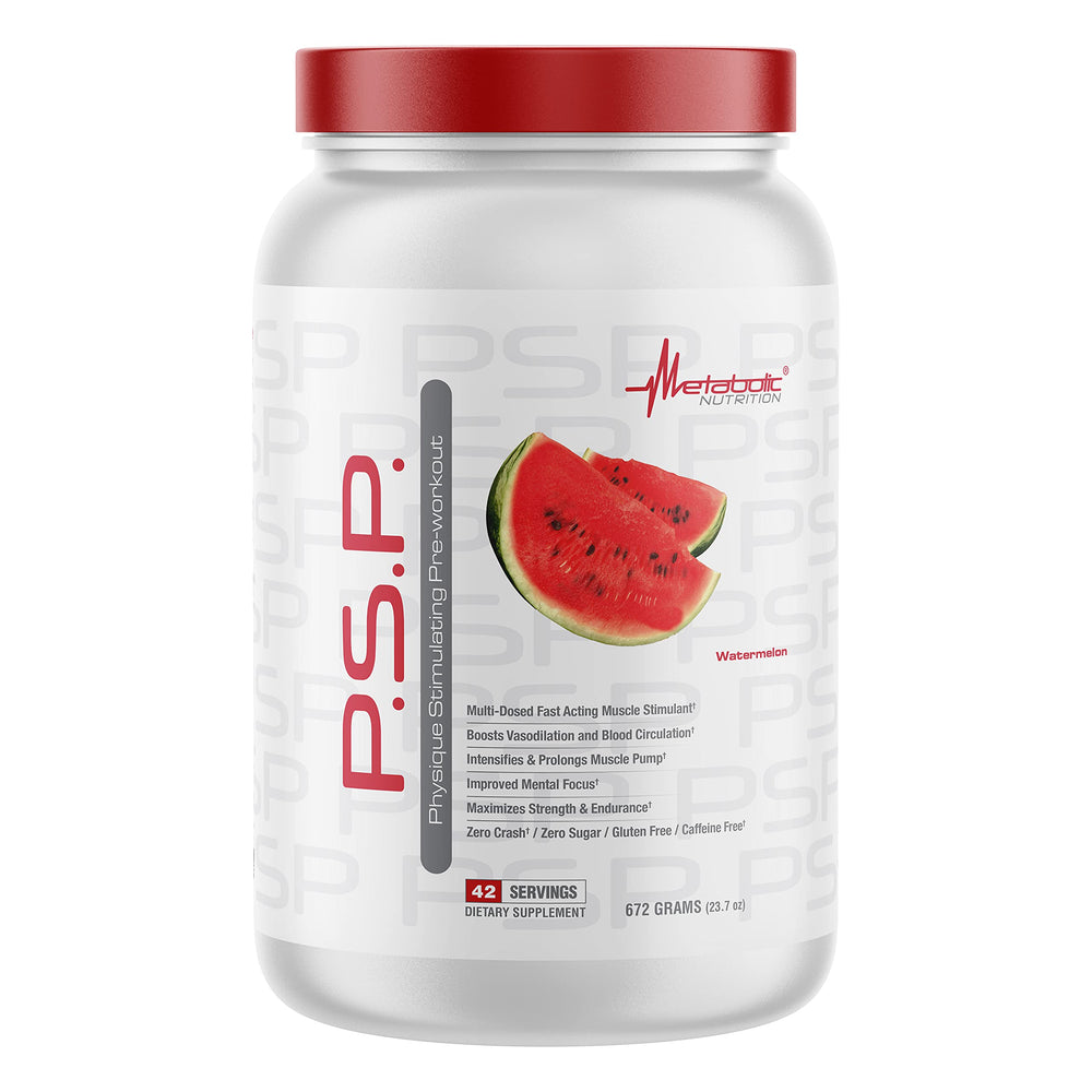Metabolic Nutrition P.S.P. Watermelon bottle showing zero sugar and caffeine-free formula