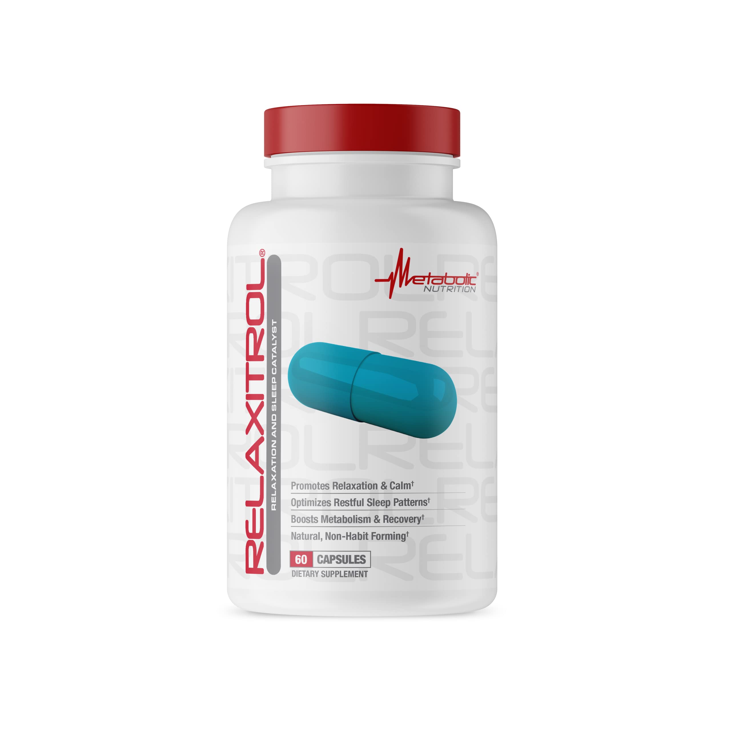 Metabolic Nutrition Relaxitrol bottle on nightstand supports calm evenings.